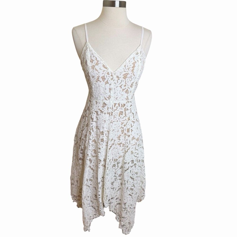 Lulus One Wish White Lace Midi Dress M Handkerchief Asymmetrical Wedding Boho
